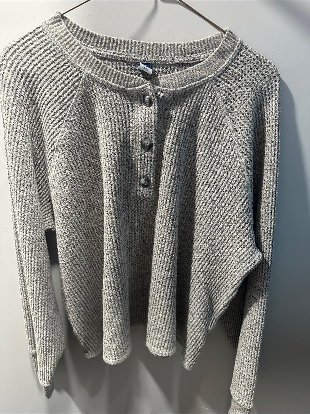Old Navy Gray Henley Waffle-Knit Lightly Cropped Sweater